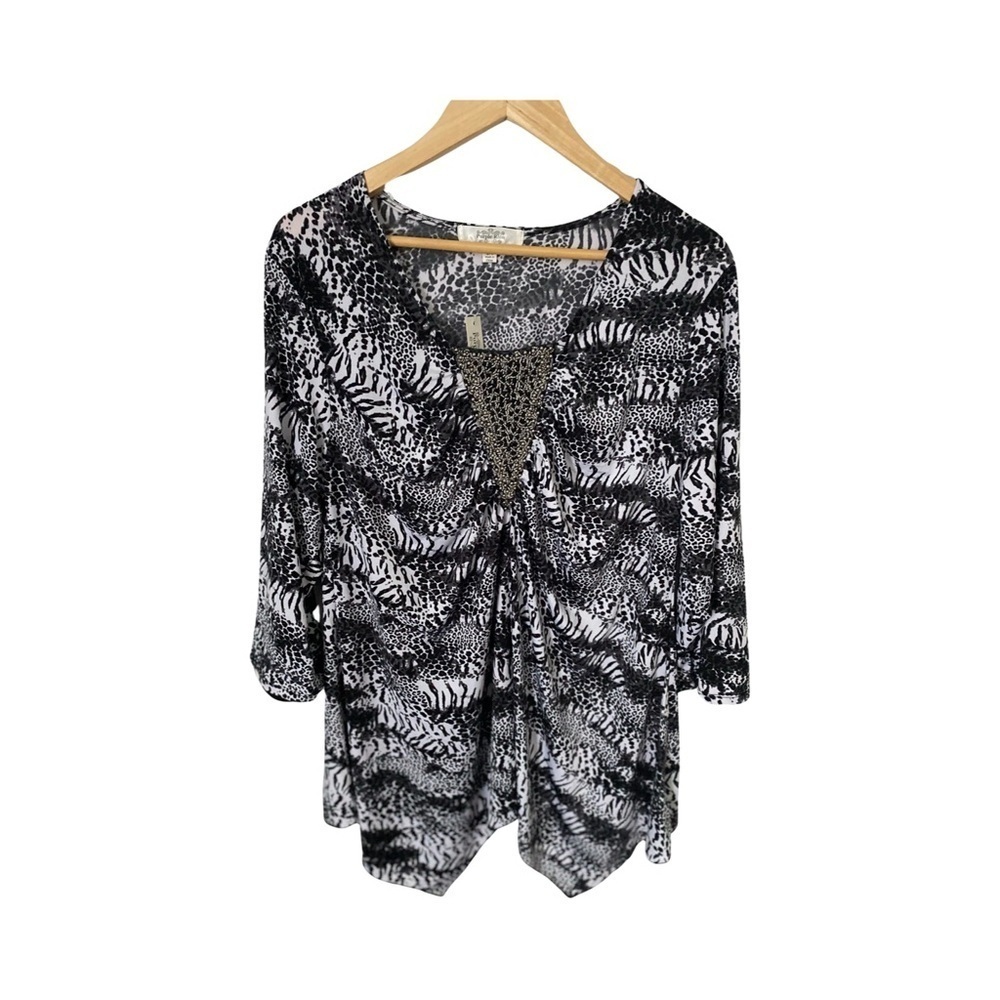 Purple Rain Women's Plus Size Black and White Ruched Front Blouse NWT Size 2X